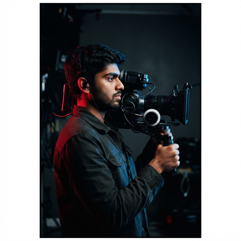 Jinu Lorance holding a cinema camera, lit with red and blue rim light